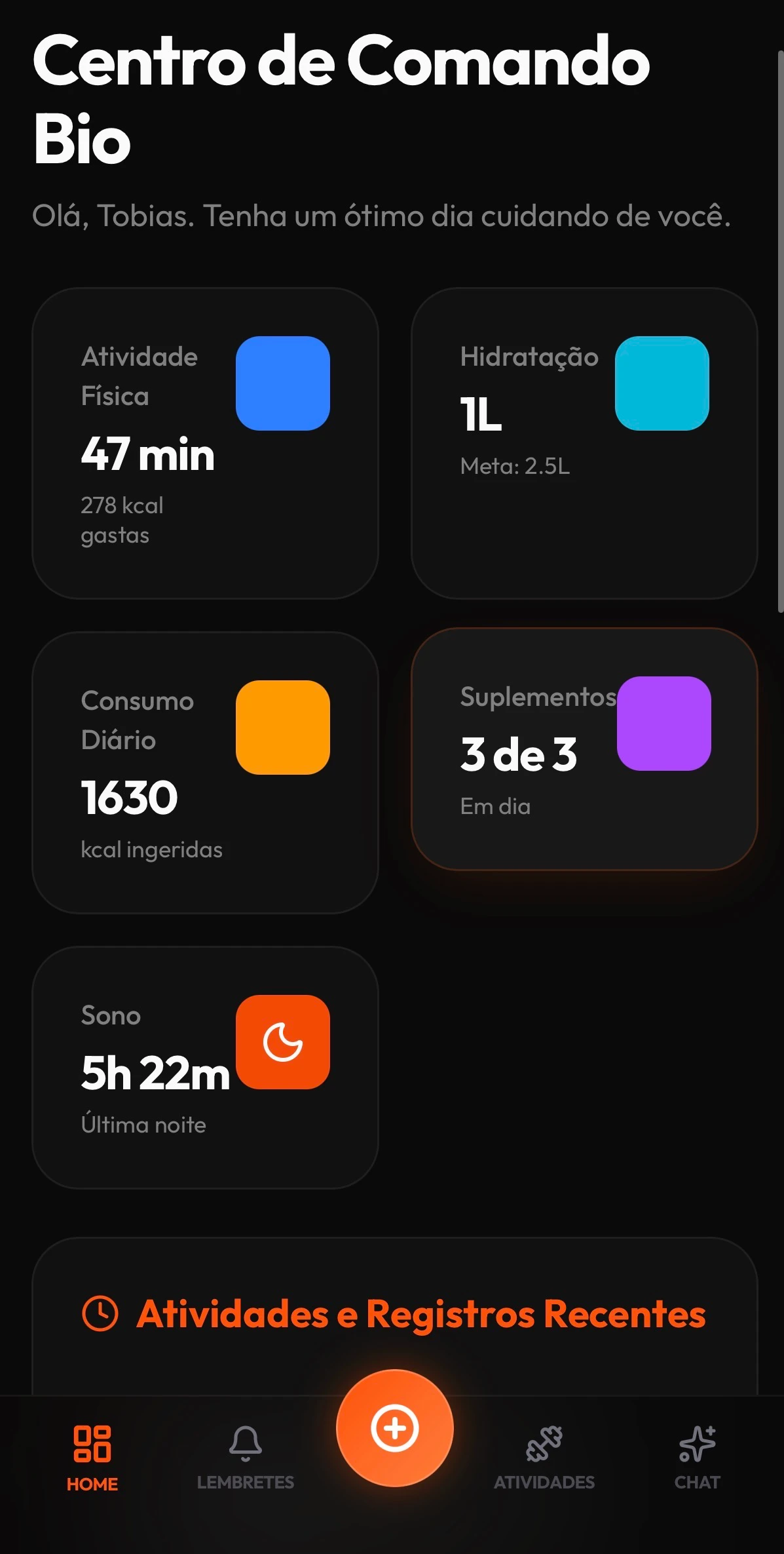 App Mobile HealthAssist — visão geral do painel